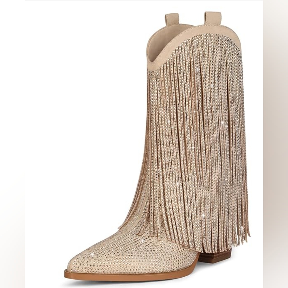 Champagne Tan Rhinestone Fringe Boho Western Boots
